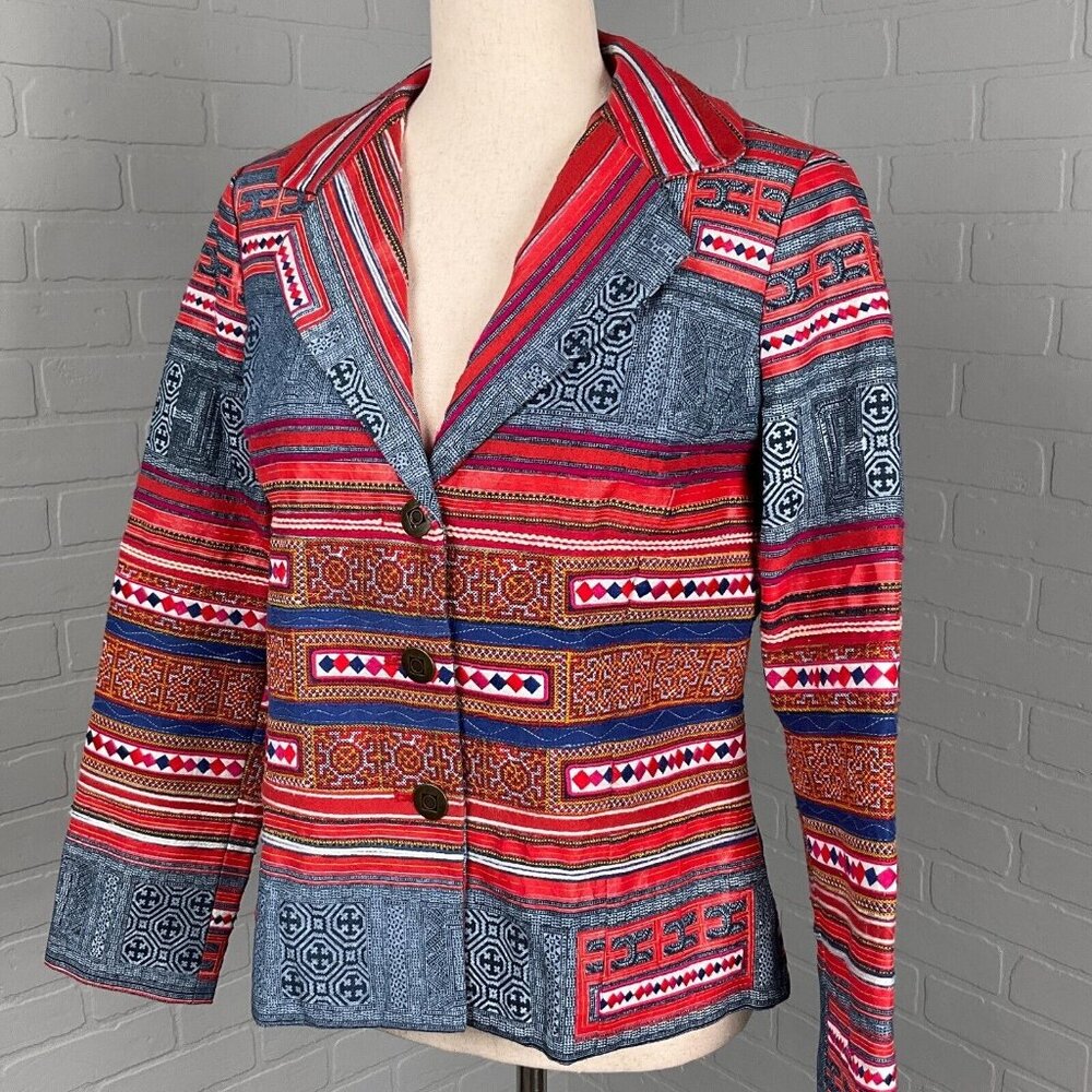Coldwater Creek‎ Jacket Women 8 Petite Red Blue Geometric Stripe Boho Diamond